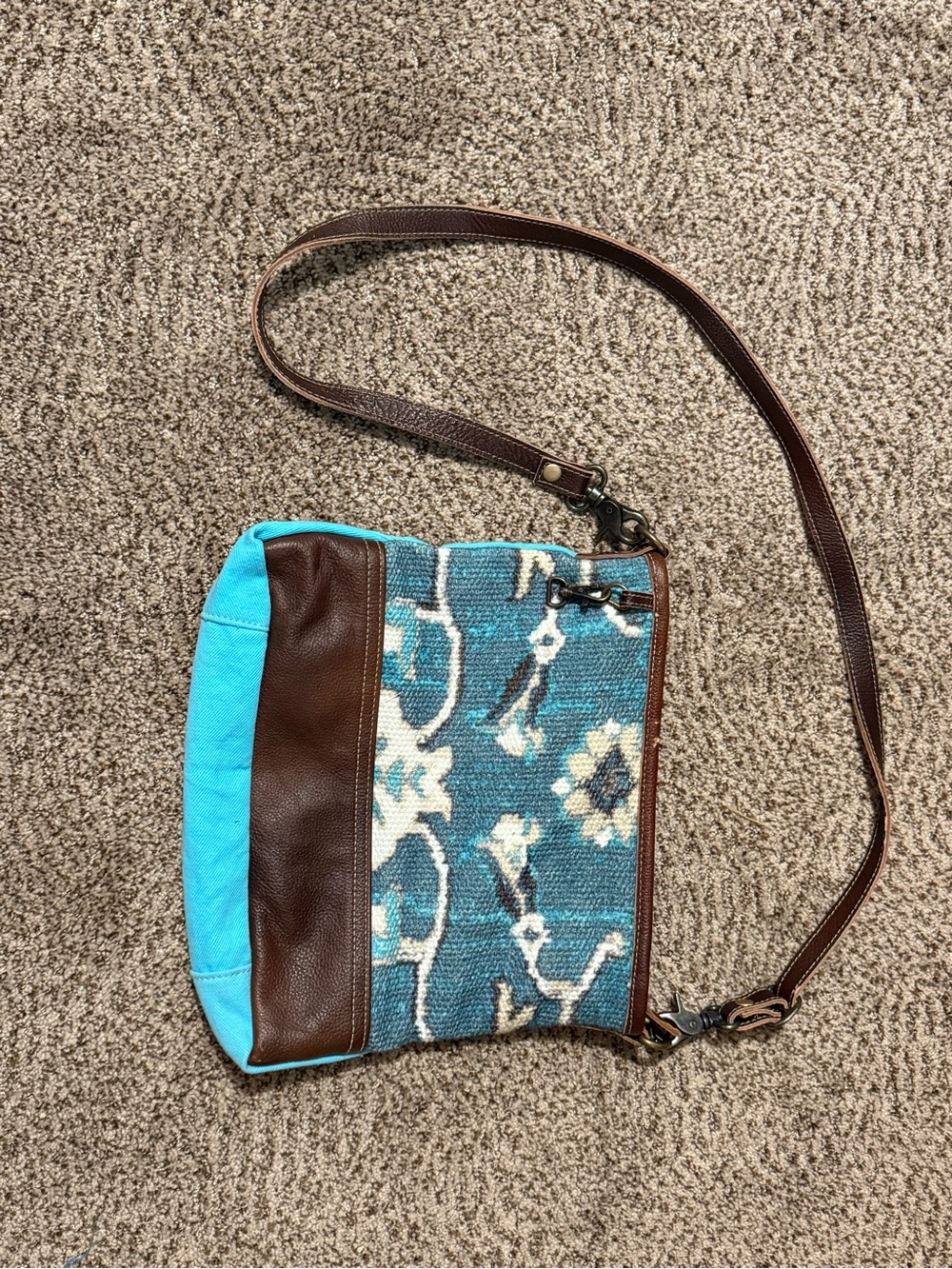 Myra Bag Turquoise and Brown Crossbody with Patterned Textile
